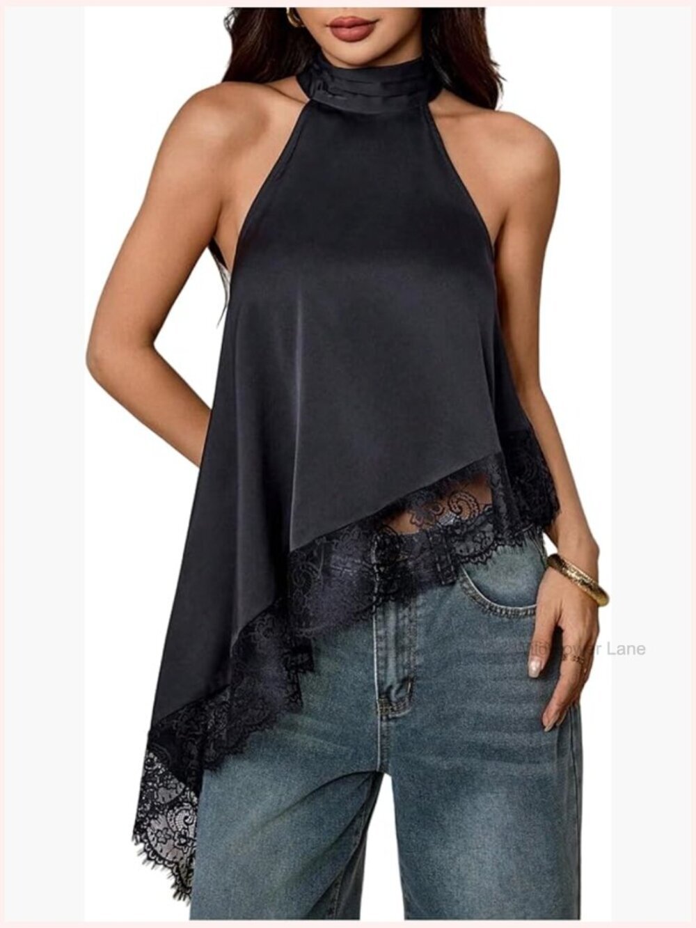Halter Neck Lace Trim Sleeveless Asymmetrical Hem Flowy Blouse Top